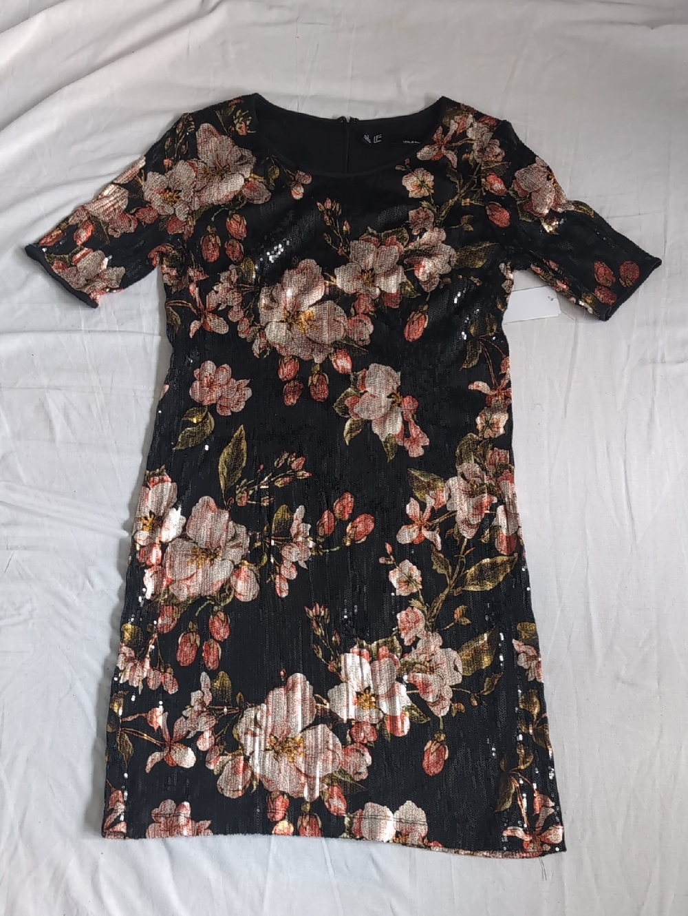 Leslie Fay Black Floral Sequin Mini Dress